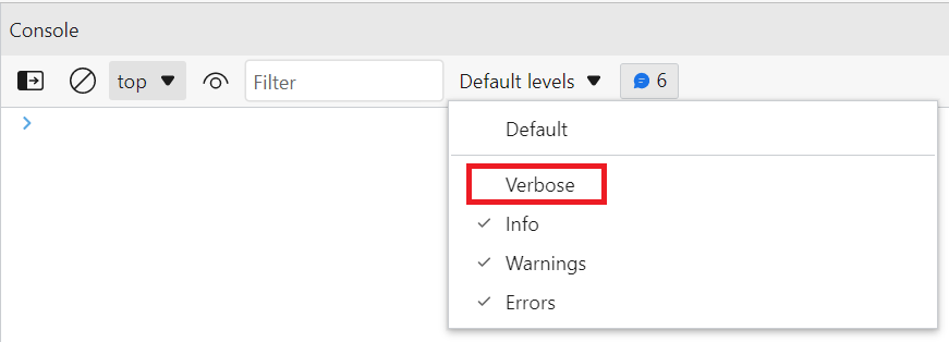 A screenshot of how to enable the Verbose logging level in the console